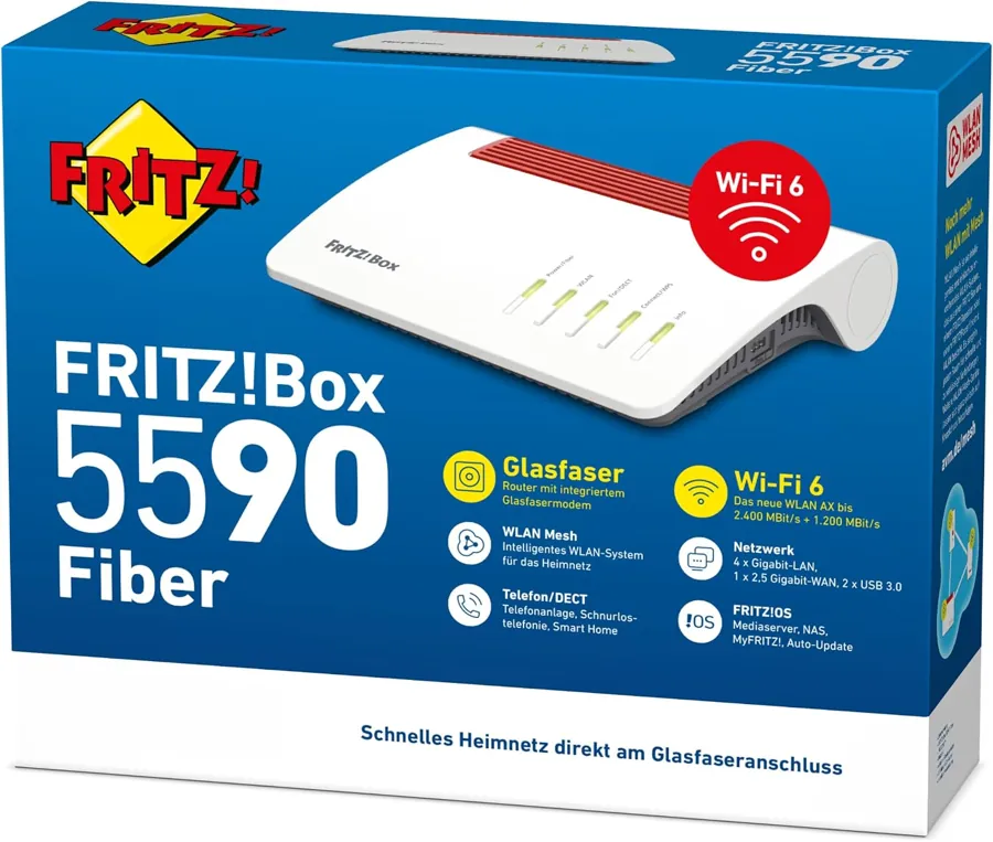 Verpackung der FRITZ!Box 5590 Fiber mit abgebildetem Router