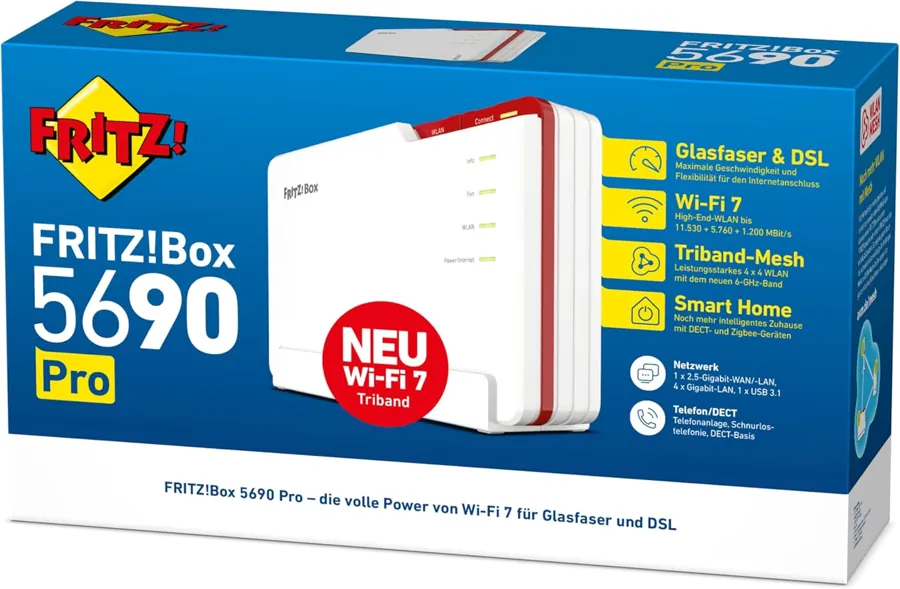 Verpackung der FRITZ!Box 5690 Pro mit abgebildetem Router